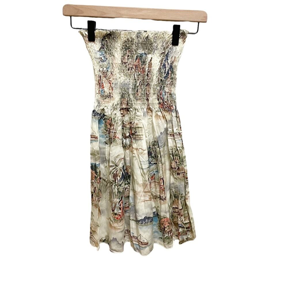 Vintage Beige Hawaiian Aloha Print Smocked Babydoll Top One Size